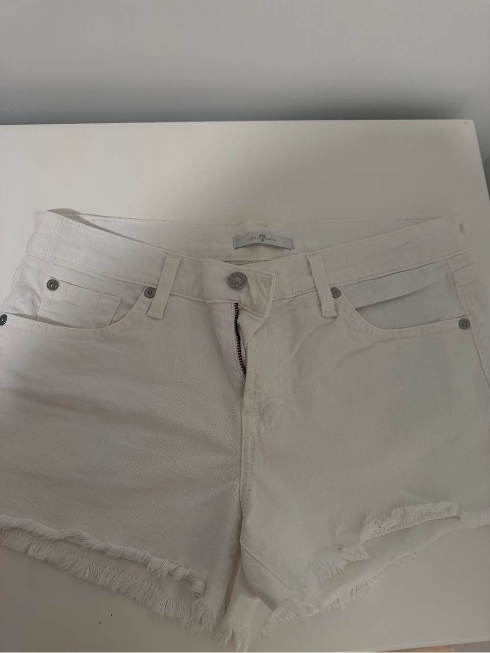 7 For All Mankind White Frayed Hem Denim Shorts